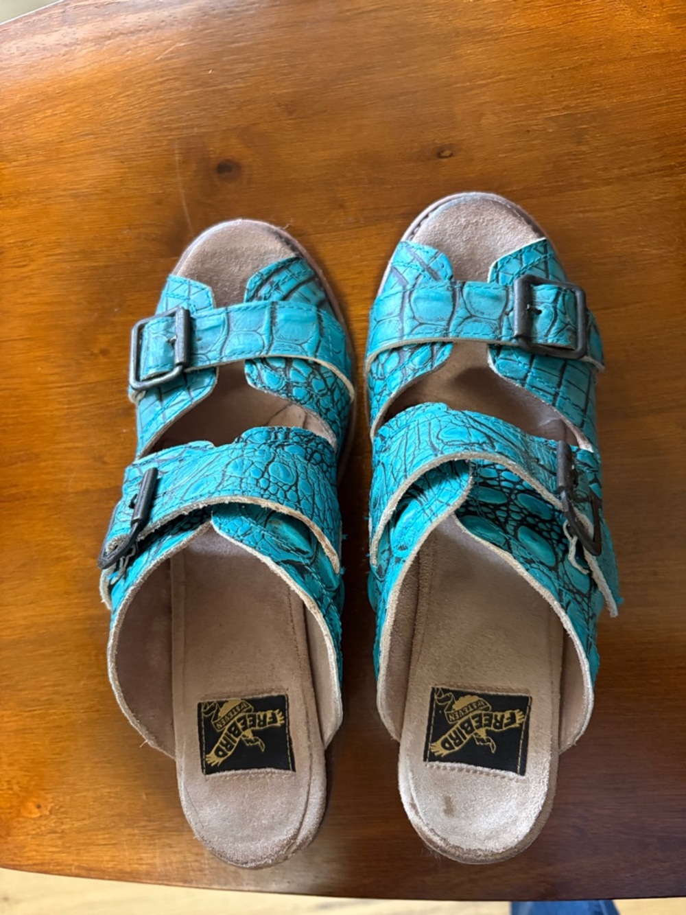 Freebird  by Stephen Caprice Turquoise Croc-Embossed Double Buckle Sandals